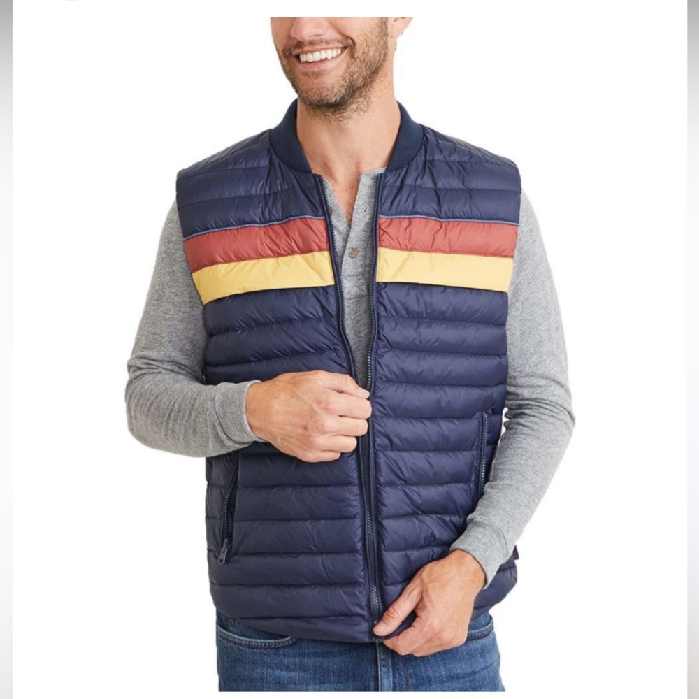 🏇 Marine Layer Taos Men's Navy Puffer Vest with Stripes